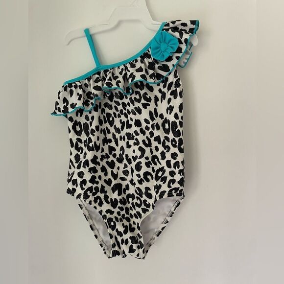Flap Doodles Leopard Print One-Shoulder Swimsuit with Teal Accents Size 5 - Picture 1 of 4